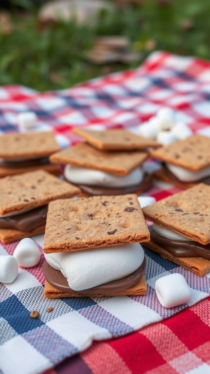 A close-up of S'mores No-Bake Cookies arranged on a picnic blanket, featuring graham crackers, chocolate, and marshmallows.
