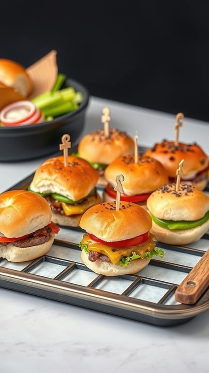 A tray of mini sliders with various toppings, including lettuce, cheese, and sauces.