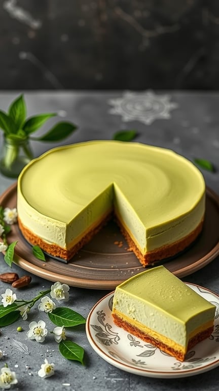 A matcha green tea cheesecake with a slice cut out, placed on a decorative plate, surrounded by flowers and leaves.