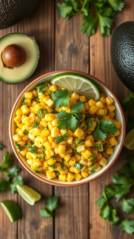 A bowl of roasted corn and avocado salsa garnished with cilantro and lime slices, surrounded by fresh avocados and lime wedges.