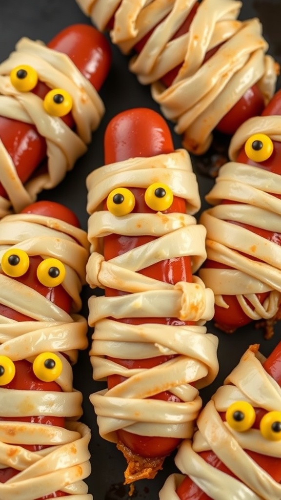 Hot dogs wrapped in dough resembling mummies with candy eyes