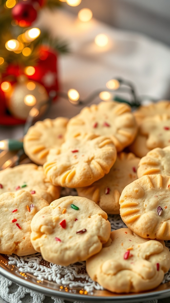 A plate of colorful butter cookies decorated with sprinkles, set against a festive background.