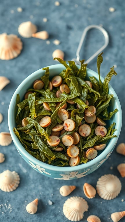 A blue bowl filled with seaweed snack crisps and seeds, surrounded by seashells on a blue background.