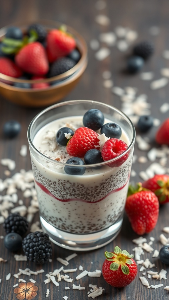 Chia seed pudding topped with fresh berries and coconut flakes in a glass