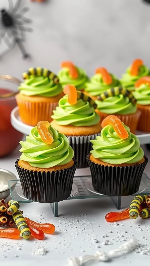 Cupcakes with green frosting and gummy worms on top