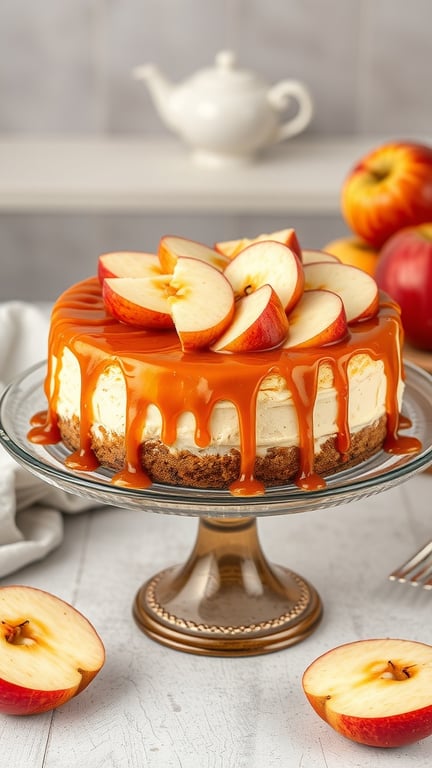 A delicious caramel apple cheesecake topped with apple slices and caramel sauce.