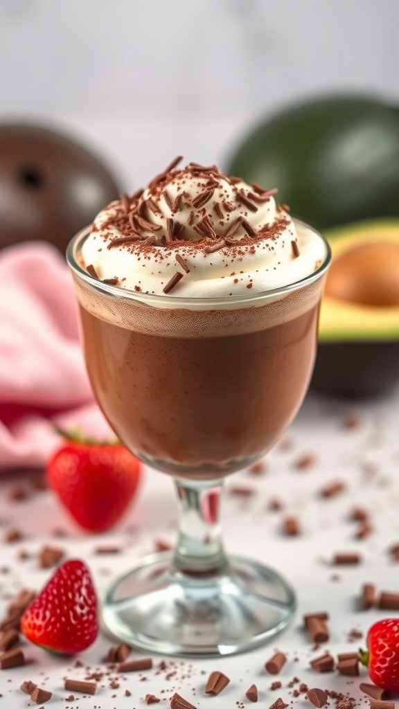 A glass of chocolate avocado mousse topped with whipped cream and chocolate shavings, surrounded by strawberries and chocolate pieces.