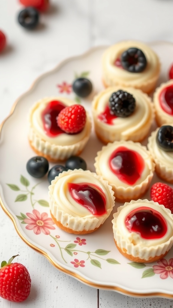 A plate of creamy keto cheesecake bites topped with berries and fruit sauce.