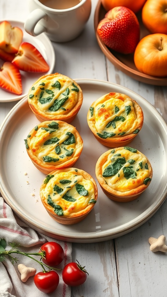 A plate of egg muffins with spinach and cheese, surrounded by fresh fruits and cherry tomatoes.