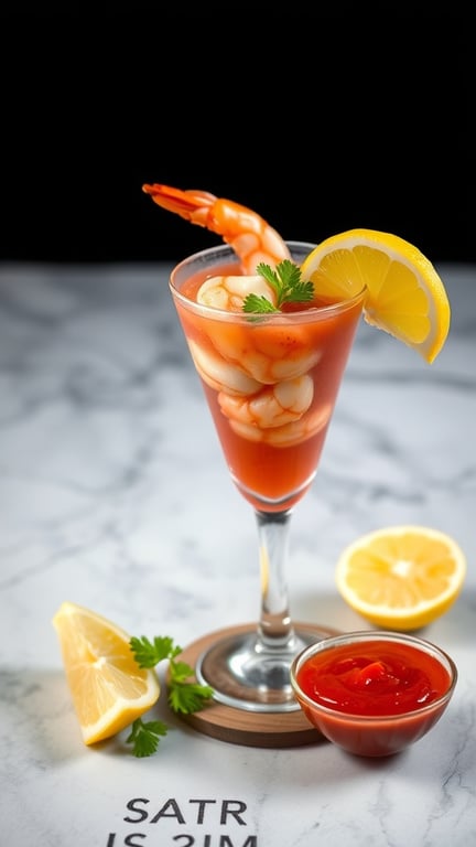 A glass of shrimp cocktail with zesty sauce, garnished with lemon and herbs.