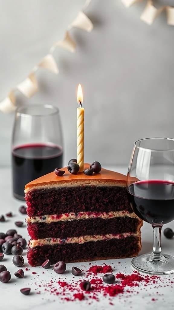 A slice of red wine infused cake with a lit candle, surrounded by glasses of red wine and chocolate chips.
