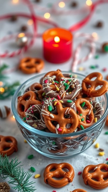 A bowl of chocolate-covered pretzels with colorful sprinkles, surrounded by holiday decorations.