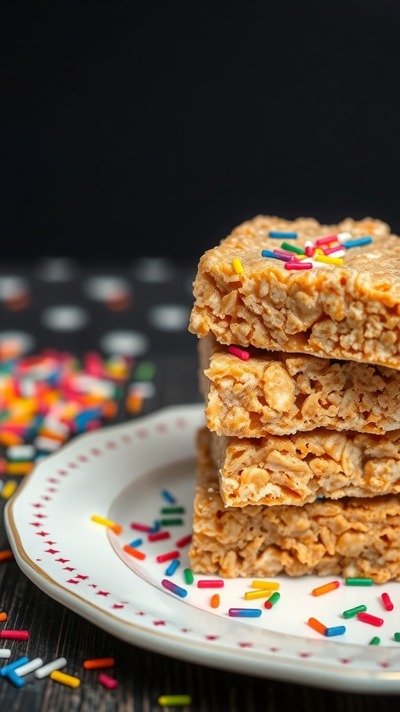 A stack of peanut butter rice crispy treats on a plate with colorful sprinkles around them.
