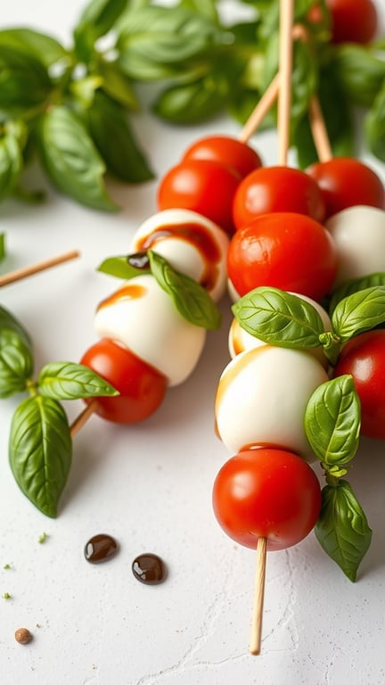 Caprese skewers with cherry tomatoes, mozzarella balls, and fresh basil leaves on a white background