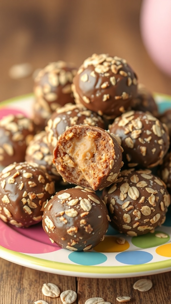 A colorful plate filled with chocolate-covered energy bites topped with oats, some bites are cut in half to show the filling.