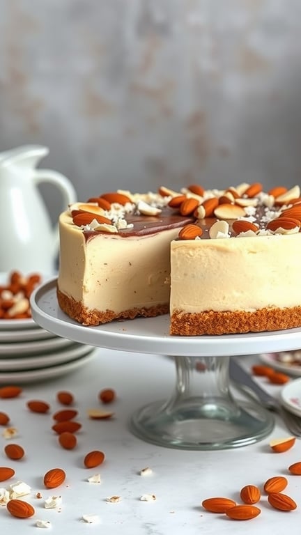 Almond Joy Cheesecake with chocolate topping and almonds on a cake stand