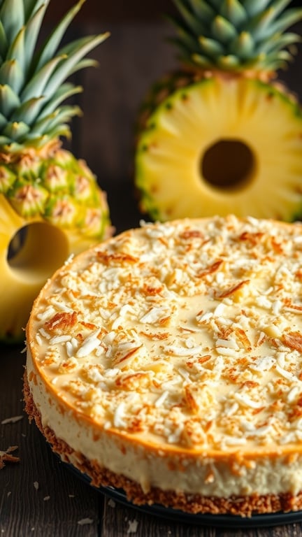 A delicious Pineapple Coconut Cheesecake topped with toasted coconut, with fresh pineapples in the background.