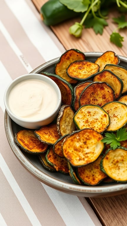 A plate of crispy zucchini chips with a creamy dip on the side, garnished with fresh cilantro.