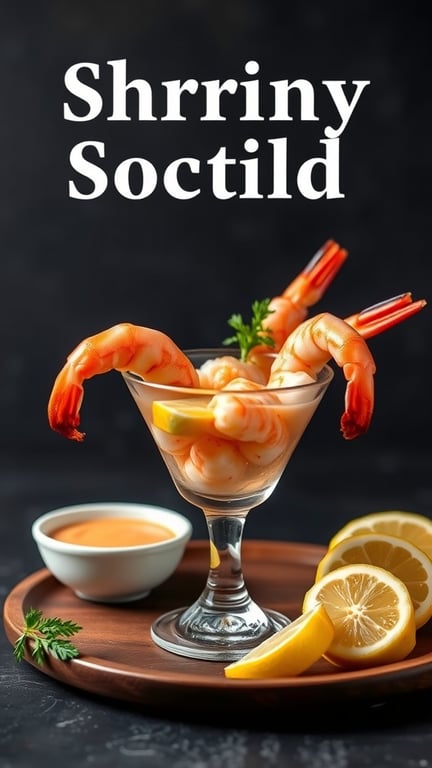 A glass of shrimp cocktail with zesty sauce, garnished with lemon slices and parsley.