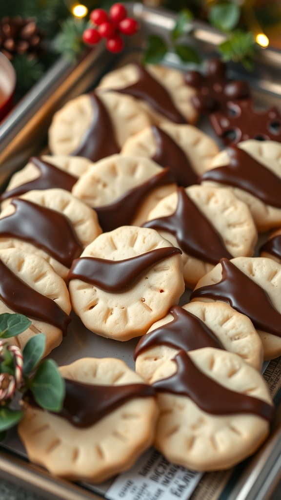 A tray of chocolate-dipped shortbread cookies decorated for the holidays.