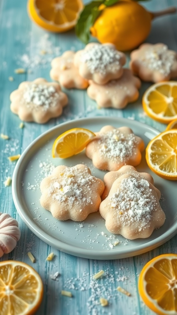 A plate of lemon zest sugar cookies with powdered sugar and fresh lemons