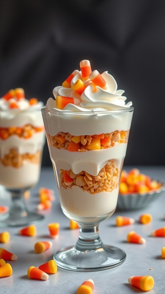 Candy corn parfaits in clear cups with layers of whipped cream, crushed cookies, and candy corn on top.