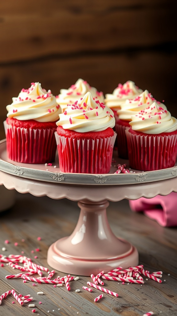 A display of pink velvet cupcakes with cream cheese frosting and sprinkles on a cake stand.