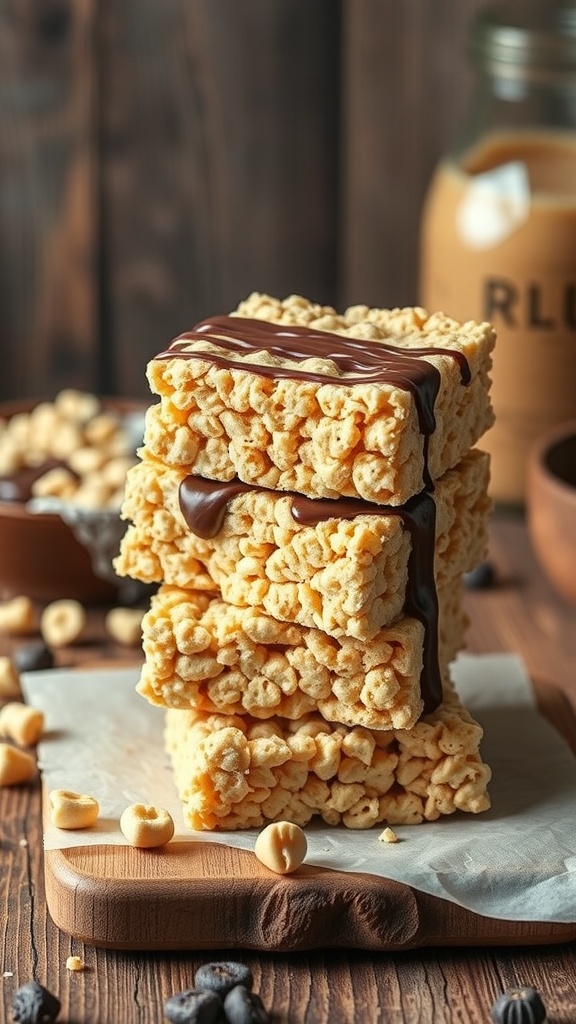 Stack of Peanut Butter Rice Krispie Treats drizzled with chocolate on a wooden board