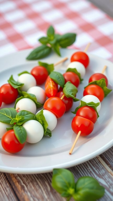 Mini Caprese skewers with cherry tomatoes, mozzarella, and basil on a plate.