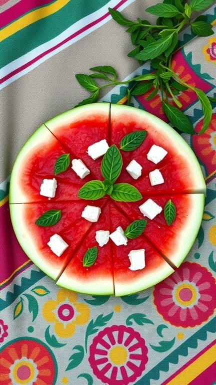 Watermelon pizza slices topped with feta cheese and mint leaves on a colorful tablecloth.