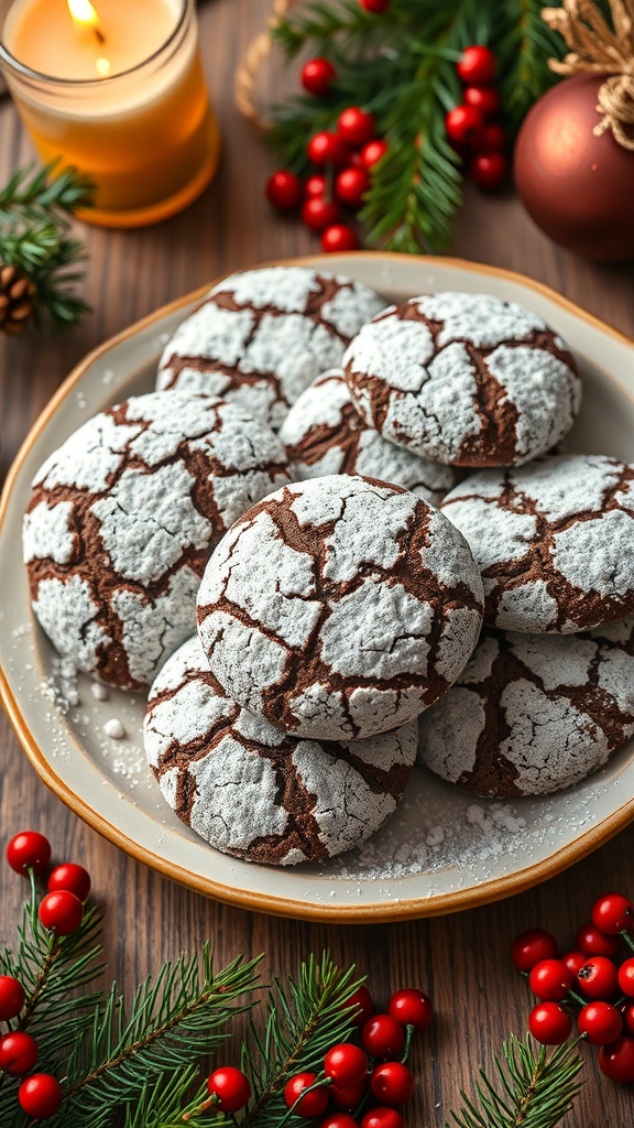 A plate of chocolate crinkle cookies surrounded by holiday decorations.