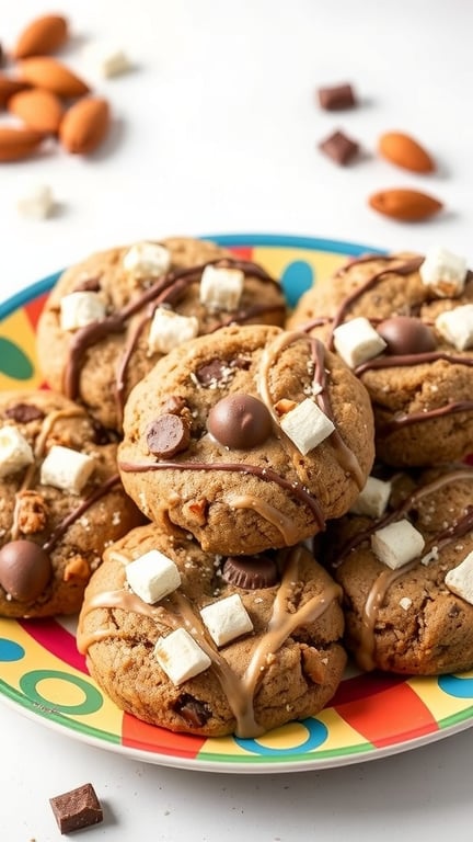 A plate of Almond Joy S'mores Cookies topped with chocolate drizzle and marshmallows, surrounded by almonds and chocolate pieces.