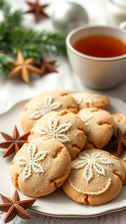 A plate of spiced chai latte cookies decorated with snowflake designs, surrounded by star anise and a cup of tea.