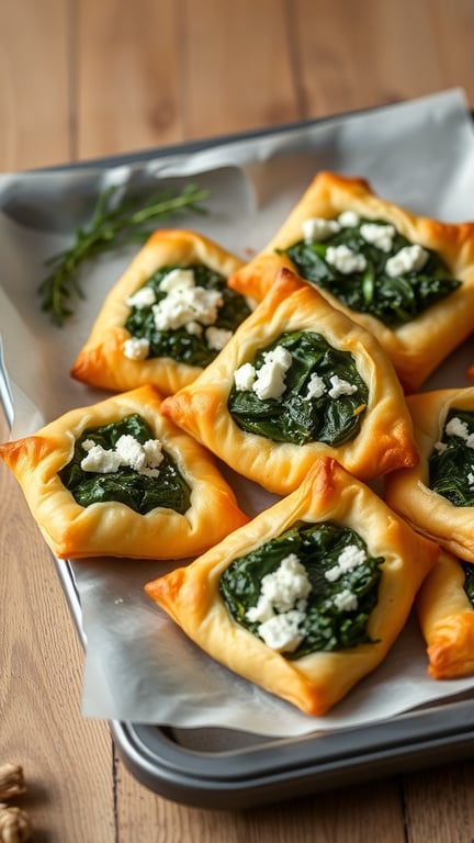 A tray of golden puff pastries stuffed with spinach and feta cheese, garnished with fresh herbs.