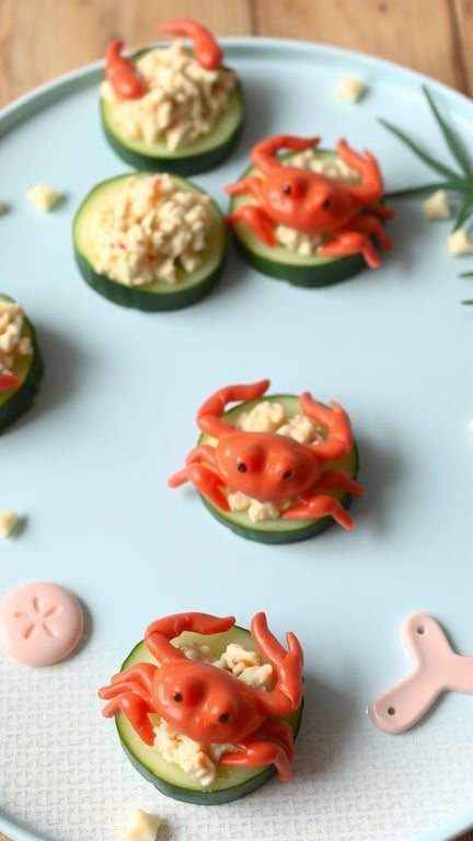 A plate of crab and cucumber bites, featuring cucumber slices topped with crab meat and crab-shaped decorations.