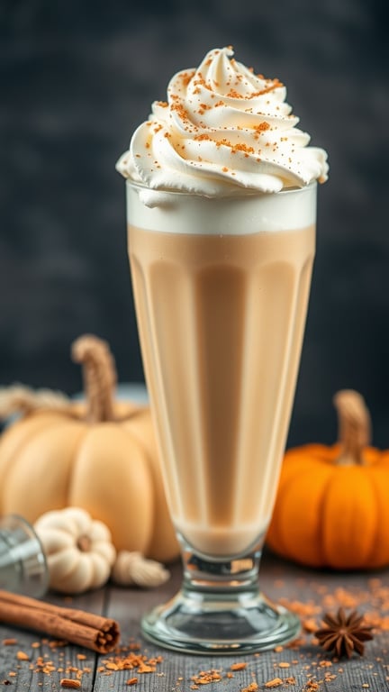 A creamy pumpkin pie milkshake topped with whipped cream and cinnamon, surrounded by pumpkins and cinnamon sticks.