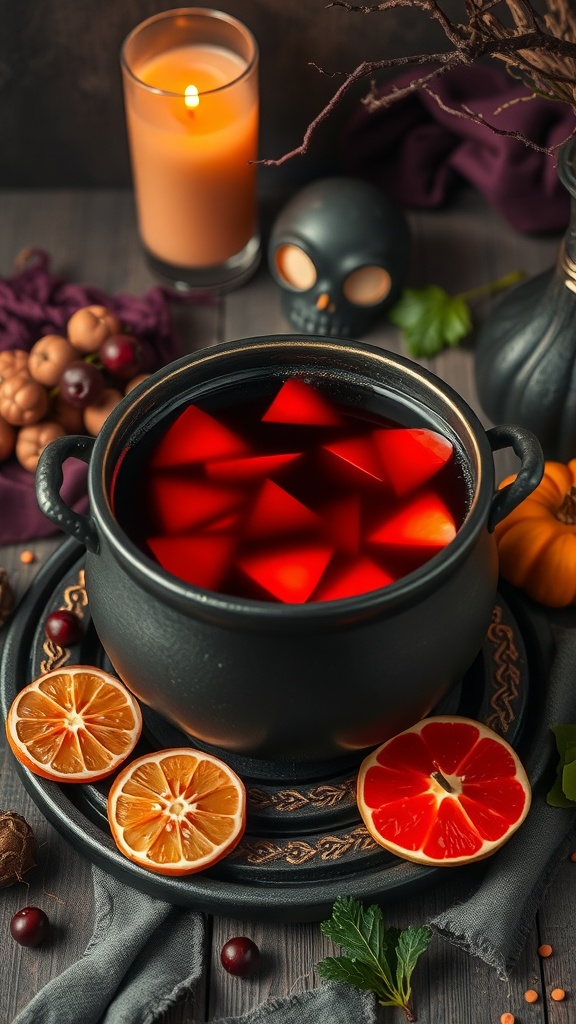 A dark cauldron filled with red punch, garnished with citrus slices, surrounded by Halloween decorations.