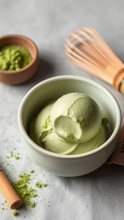 A bowl of matcha green tea ice cream with a whisk and matcha powder beside it.