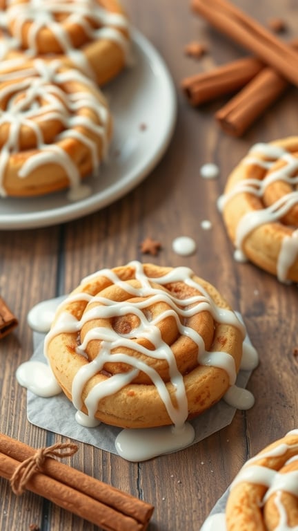 Cinnamon Roll No-Bake Cookies with icing and cinnamon sticks
