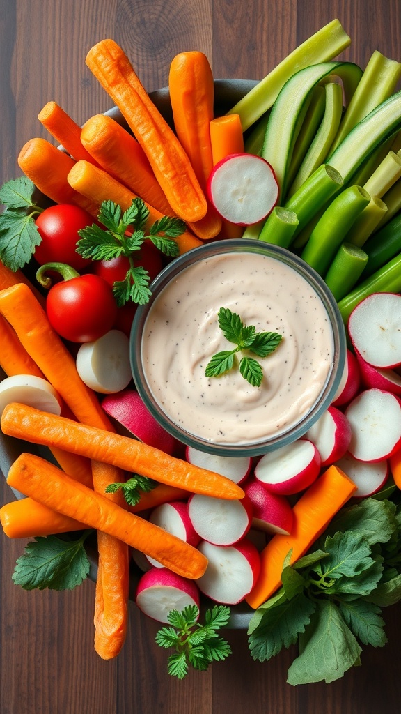 A colorful harvest vegetable platter with carrots, radishes, celery, and a creamy dip in the center.