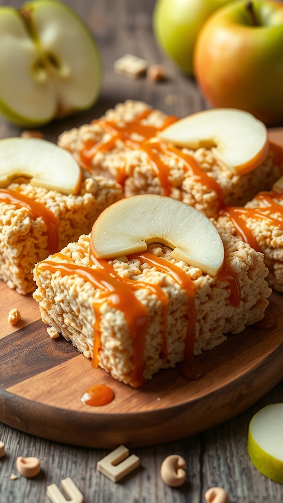 Caramel Apple Rice Krispie Treats with apple slices and caramel drizzle on a wooden board.