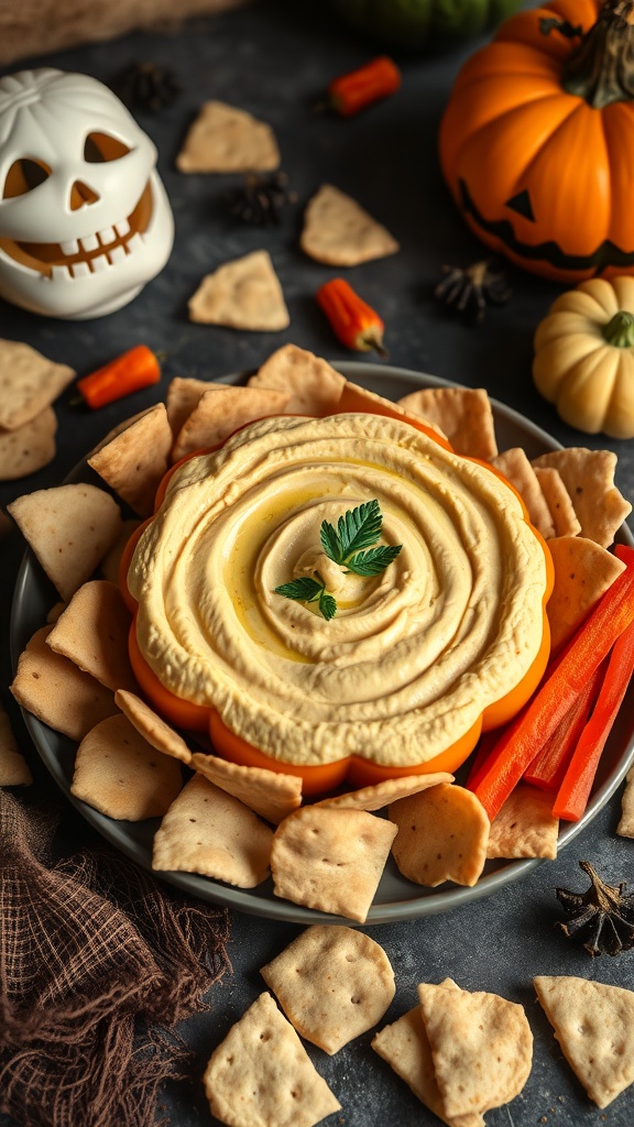 A festive pumpkin patch hummus served in a pumpkin bowl, surrounded by crackers and veggies, with Halloween decorations.