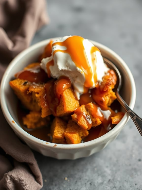 Bowl of maple pumpkin bread pudding topped with ice cream and caramel