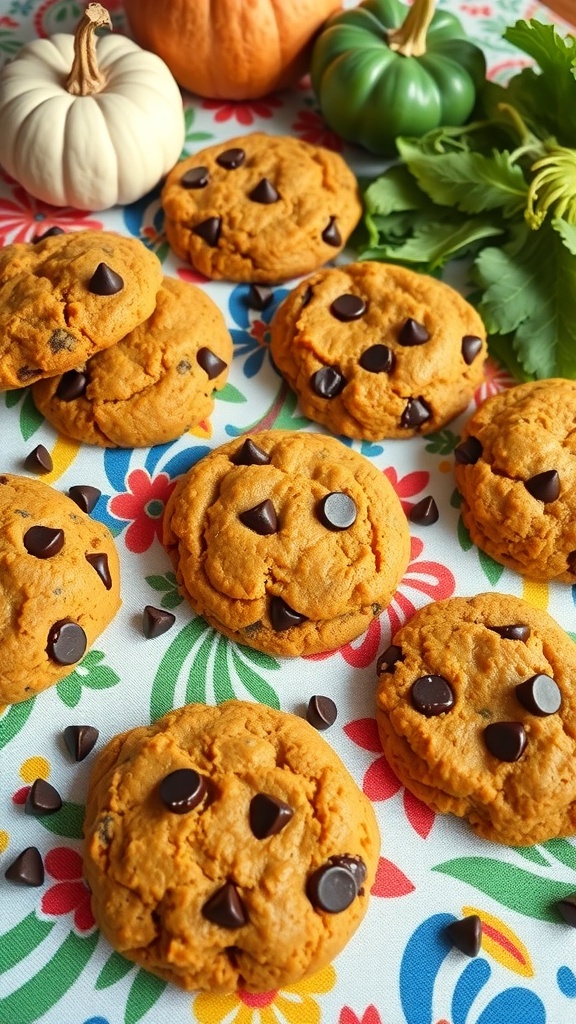 Vegan pumpkin chocolate chip cookies on a colorful tablecloth with pumpkins and greens.