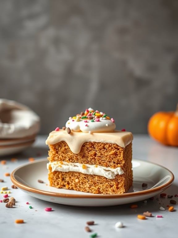 A slice of pumpkin spice tres leches cake with frosting and sprinkles on a plate.