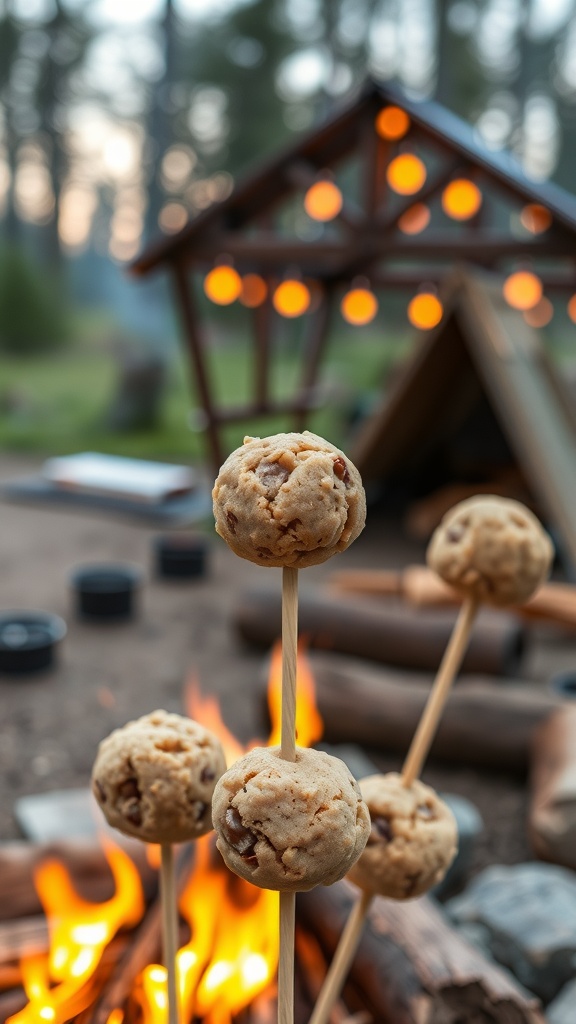 Campfire cookie dough bites on skewers, with a campfire in the background.