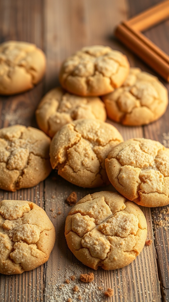 A close-up of freshly baked snickerdoodle cookies on a wooden table, showcasing their golden-brown color and cracked surface.