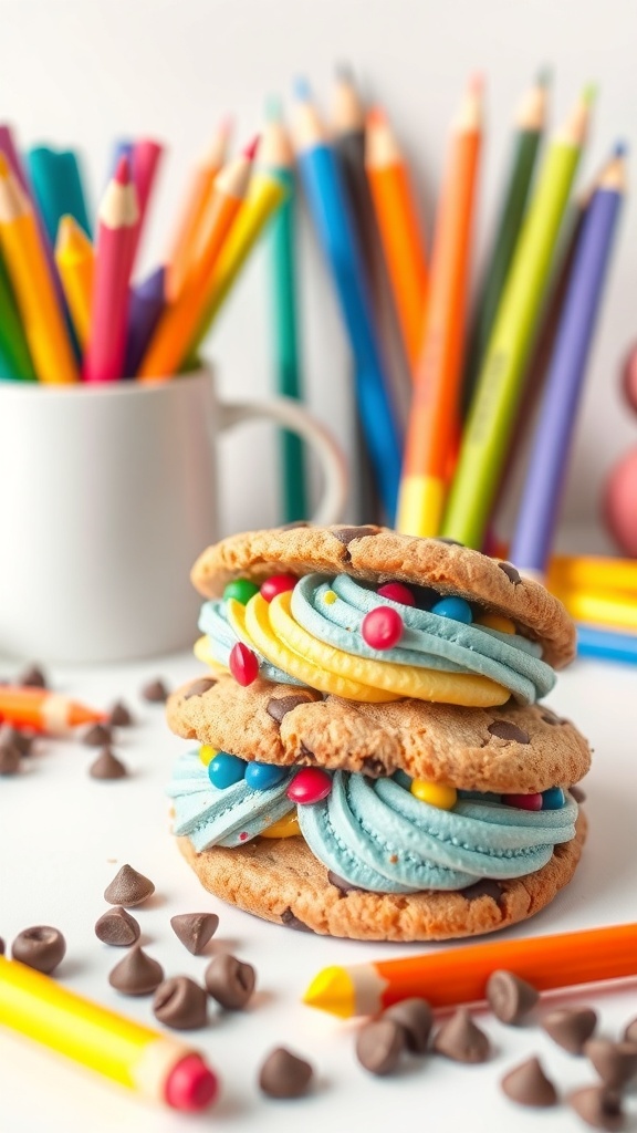 Chocolate chip cookie sandwiches with colorful frosting and candies, surrounded by school supplies.