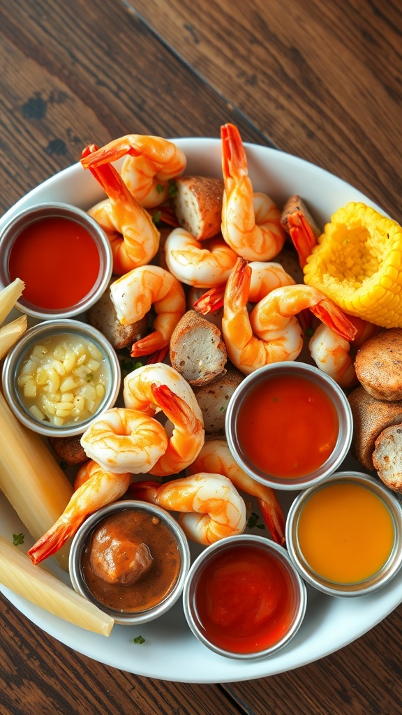 A seafood boil platter with shrimp, corn, and dipping sauces.