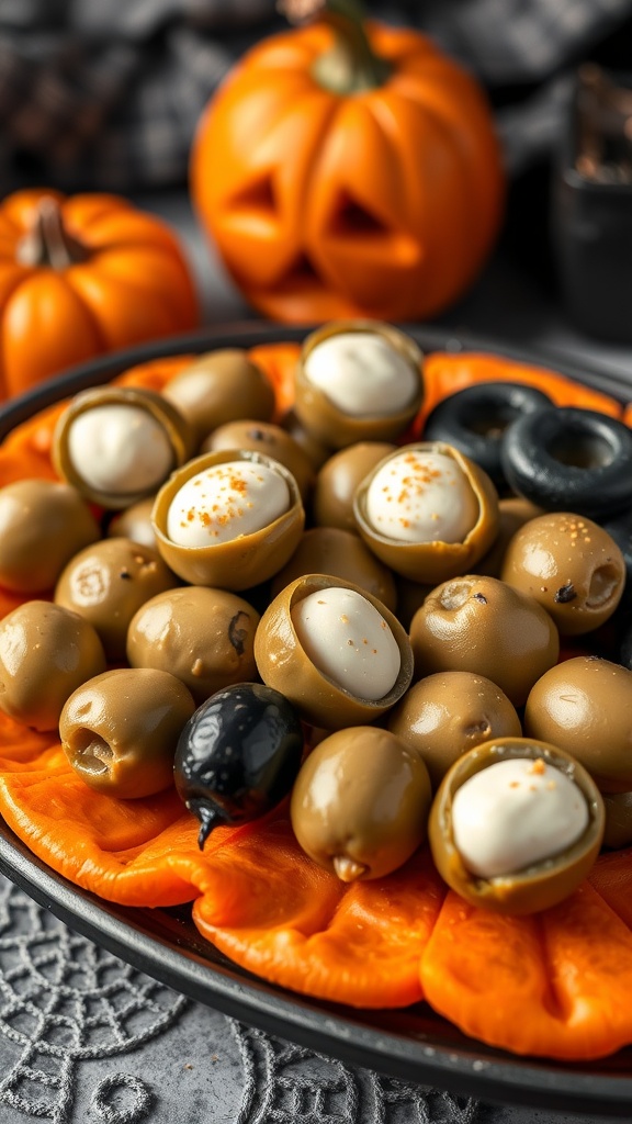 A plate of eyeball stuffed olives on a Halloween-themed table.